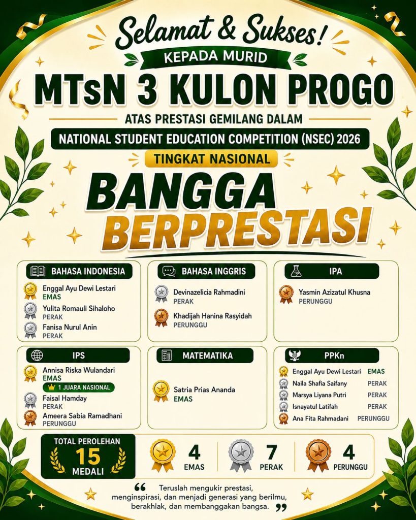 Raih 15 Medali NSEC Tingkat Nasional, Prestasi Gemilang MTsN 3 Kulon Progo